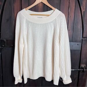 Pur Cream Ribbed Scoop Neck Balloon Sleeve Sweater